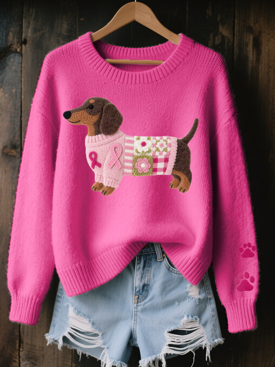 Sweater feminino tricot motivo salsicha patchwork em feltro com laços rosas