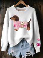 Sweater feminino tricot motivo salsicha patchwork em feltro com laços rosas
