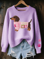 Sweater feminino tricot motivo salsicha patchwork em feltro com laços rosas