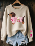 Sweater feminino tricot motivo salsicha patchwork em feltro com laços rosas
