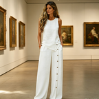 Conjunto feminino blusa sem mangas e calça pantalona wide leg em cor sólida
