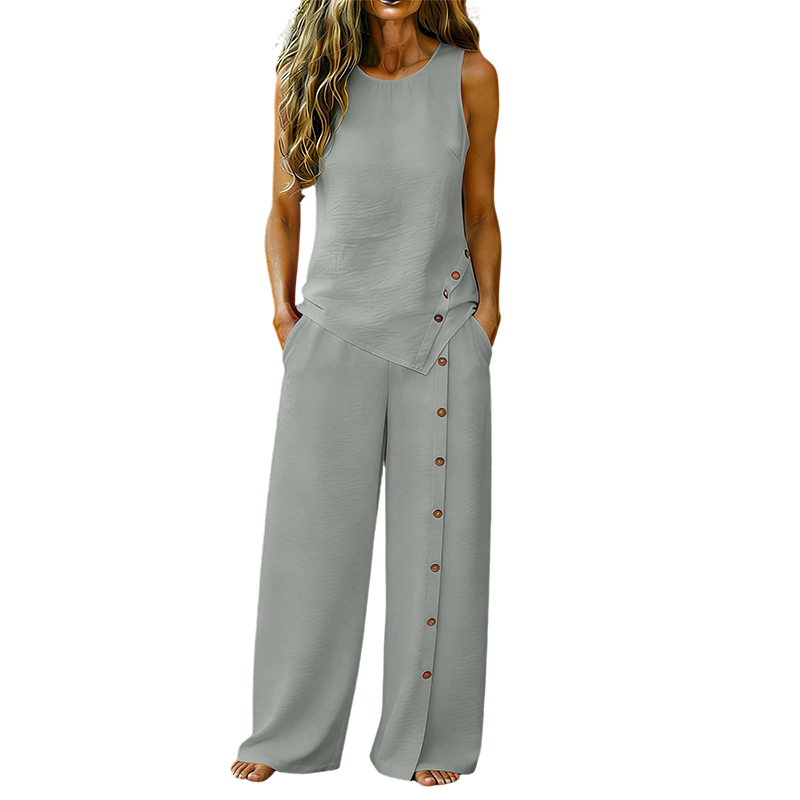 Conjunto feminino blusa sem mangas e calça pantalona wide leg em cor sólida