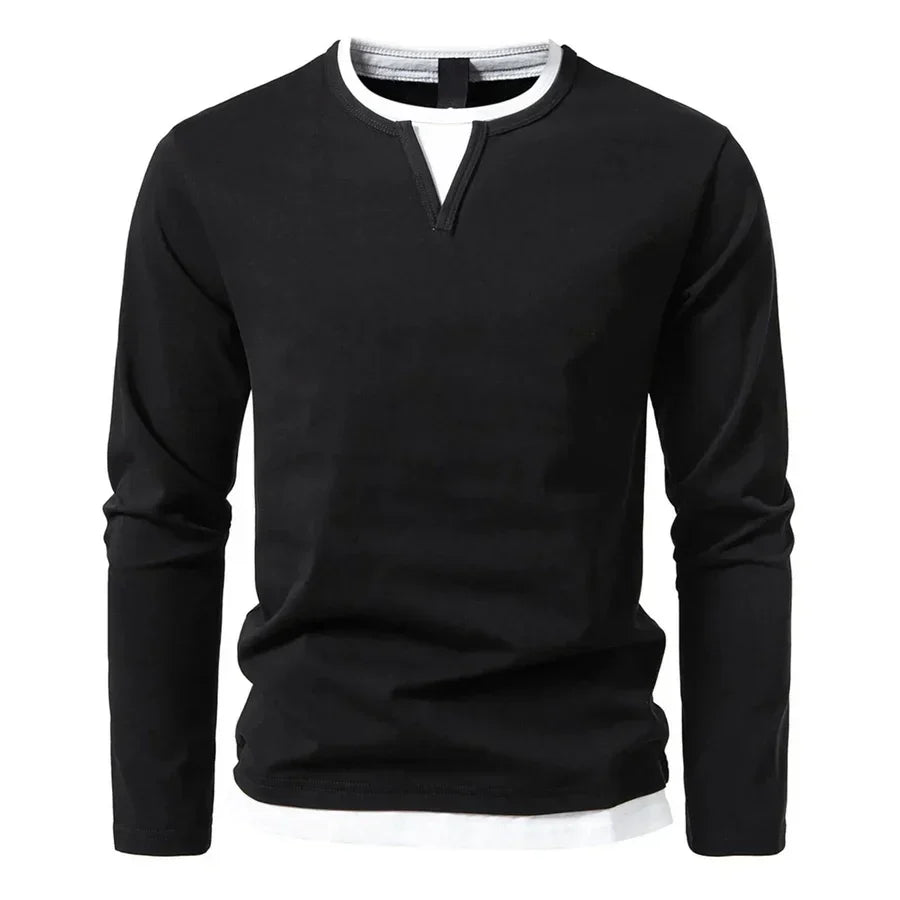 Camisola Henley homem manga comprida gola dividida cor sólida