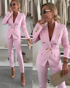 Fato feminino blazer duplo abotoamento com calças perna larga conjunto dois peças
