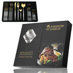 Conjunto de talheres em aço inox 24 peças com acabamento dourado e cabos coloridos preto, branco e rosa