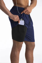 Calções de corrida masculinos com liner integrado e bolso para telemóvel