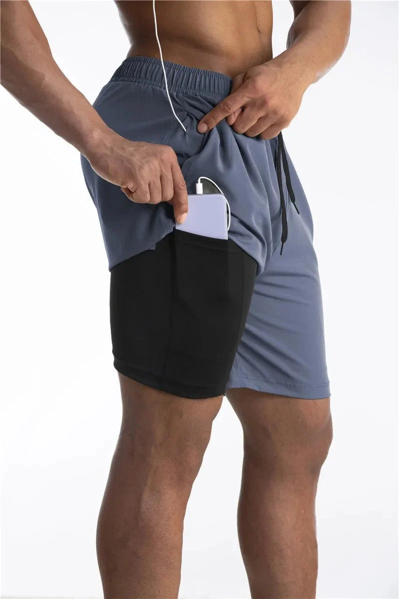 Calções de corrida masculinos com liner integrado e bolso para telemóvel