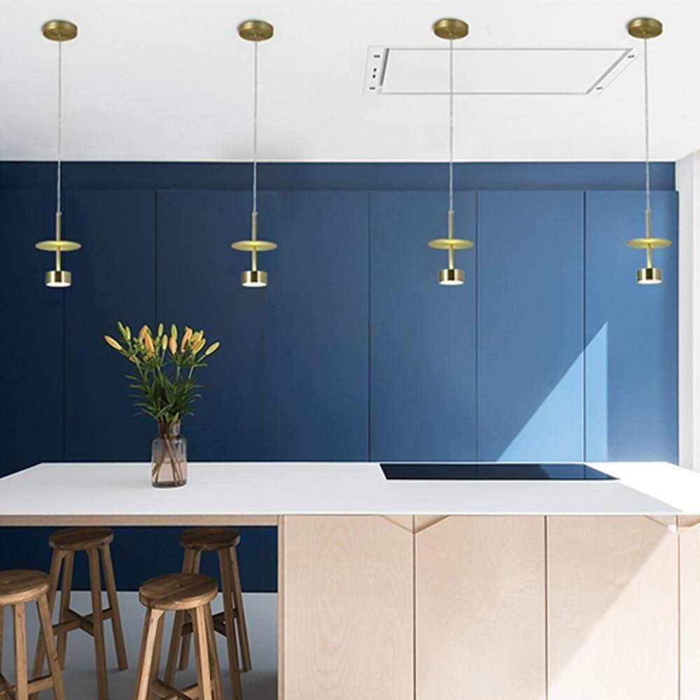 Candeeiro suspenso de metal dourado para ilha de cozinha, LED integrado, design industrial contemporâneo