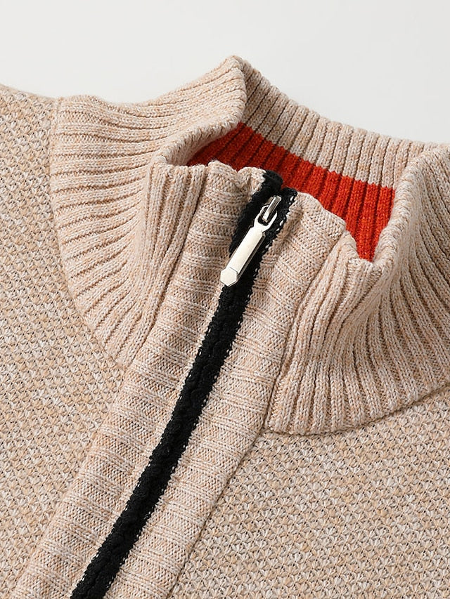 Cardigan homem malha canelada fecho completo gola alta