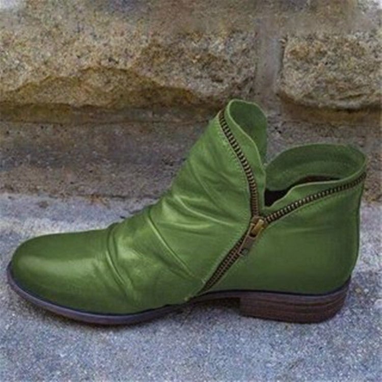 Botins femininos com fecho de correr e bico redondo salto baixo