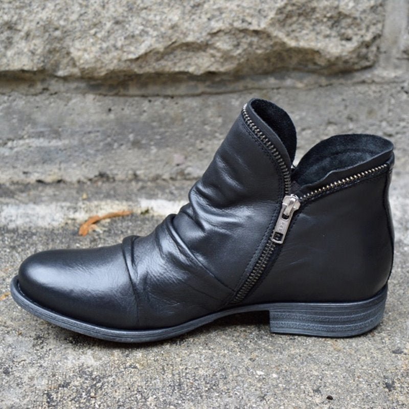 Botins femininos com fecho de correr e bico redondo salto baixo