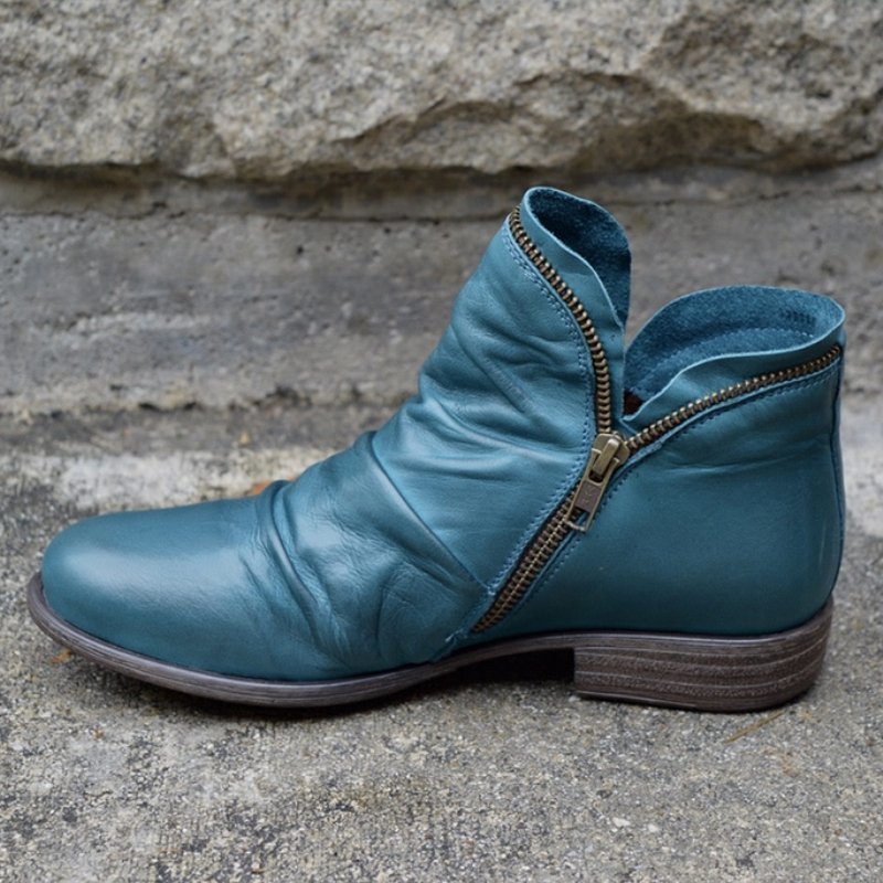 Botins femininos com fecho de correr e bico redondo salto baixo