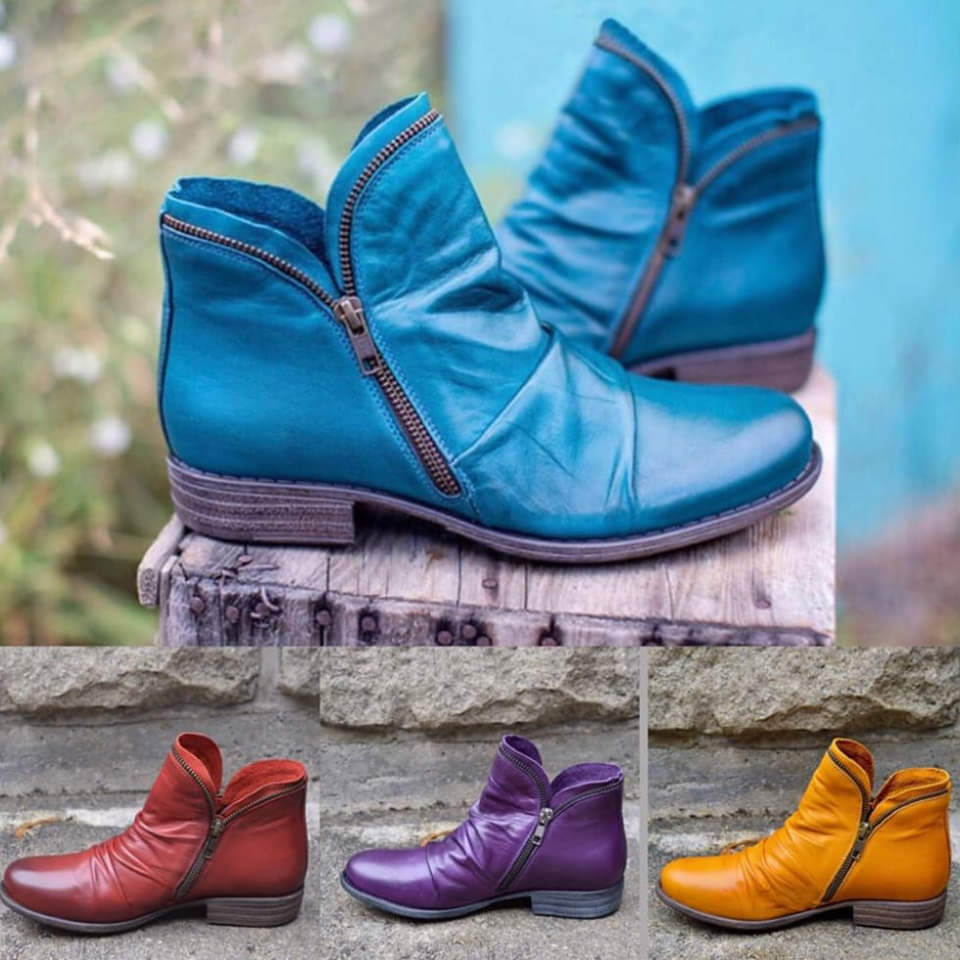 Botins femininos com fecho de correr e bico redondo salto baixo