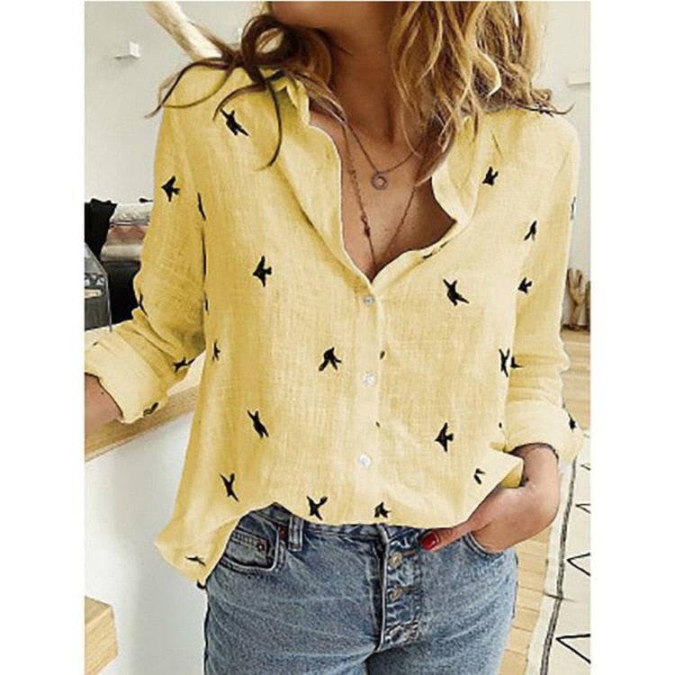 Blusa de linho feminina relaxed fit em várias cores e estampas com pássaros