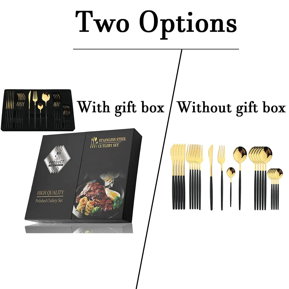 Conjunto de talheres em aço inox 24 peças com acabamento dourado e cabos coloridos preto, branco e rosa