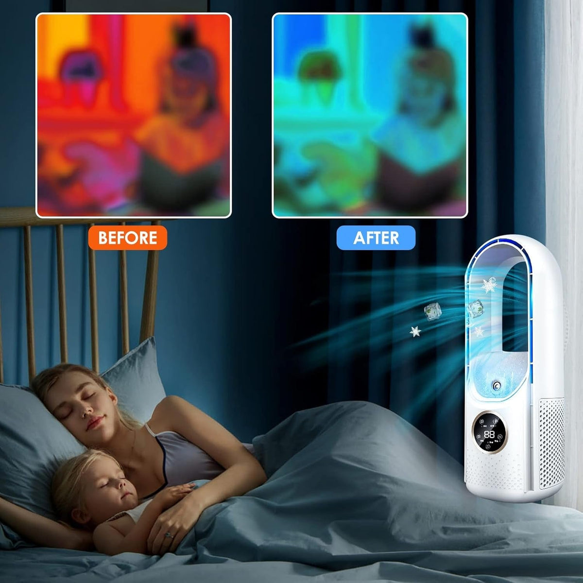 Ar condicionado portátil sem pás silencioso USB branco e azul