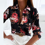 Blusa feminina cetim estampada gola solapa manga longa corte entalhado