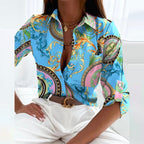 Blusa feminina cetim estampada gola solapa manga longa corte entalhado