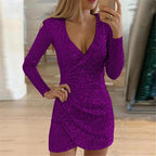 Vestido com lantejoulas wrap brilhante para mulher, corte transpassado de festa