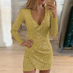 Vestido com lantejoulas wrap brilhante para mulher, corte transpassado de festa