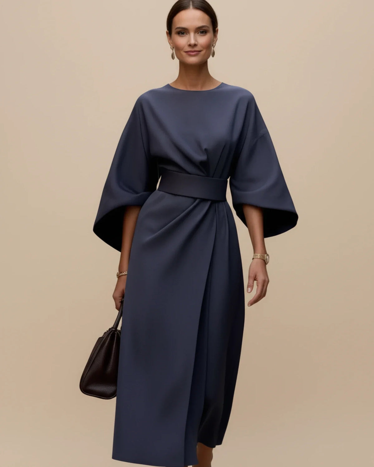 Vestido midi feminino wrap com mangas bufantes e cinto ajustável