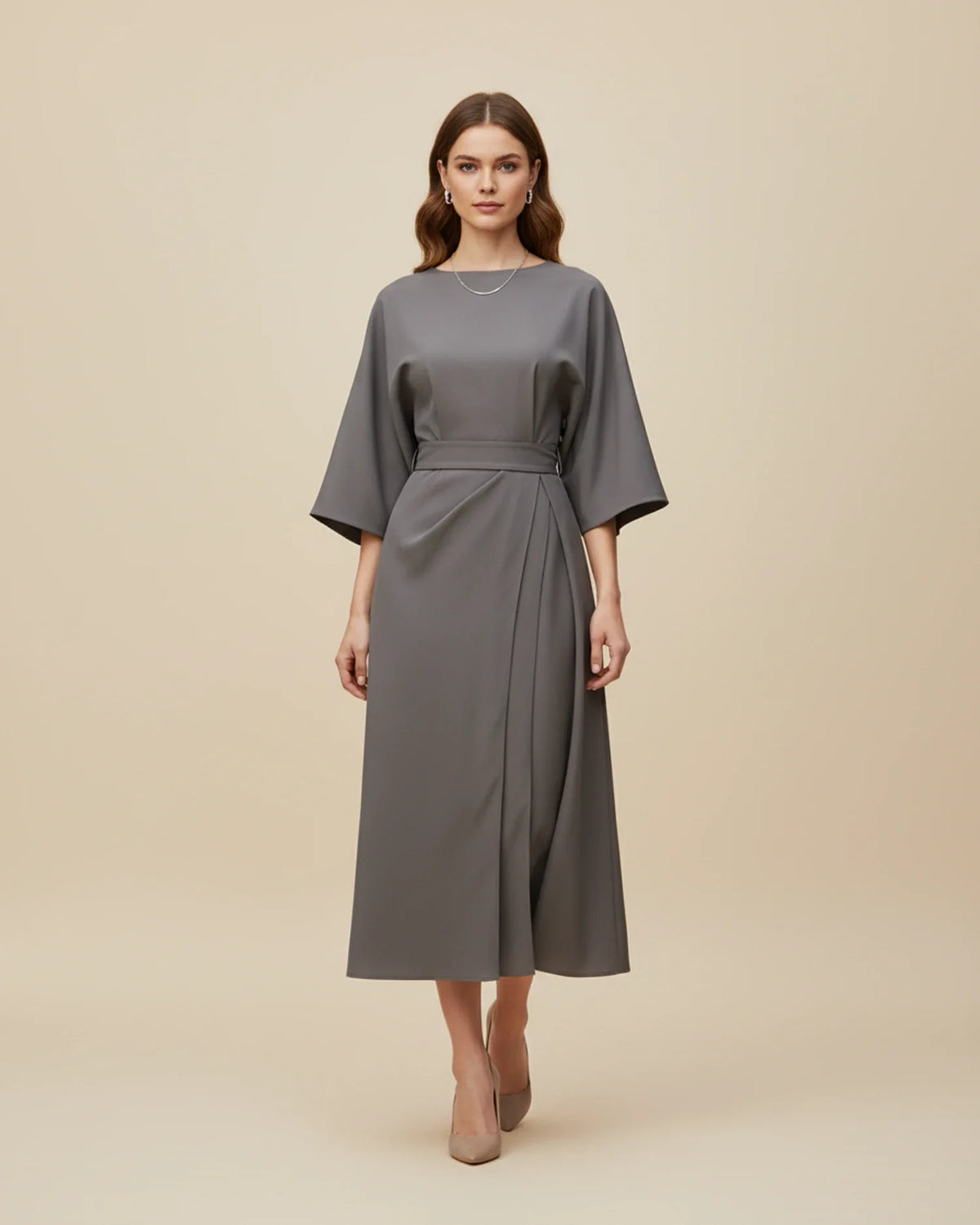 Vestido midi feminino wrap com mangas bufantes e cinto ajustável