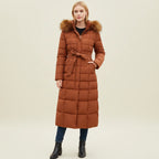 Casaco puffer maxi acolchoado mulher com capuz e cinto, comprimento maxi