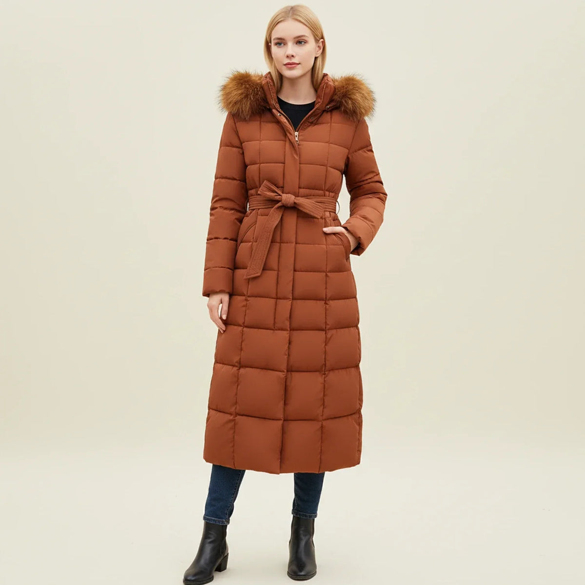 Casaco puffer maxi acolchoado mulher com capuz e cinto, comprimento maxi