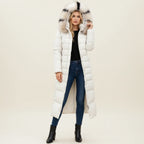 Casaco puffer maxi acolchoado mulher com capuz e cinto, comprimento maxi