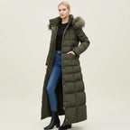 Casaco puffer maxi acolchoado mulher com capuz e cinto, comprimento maxi