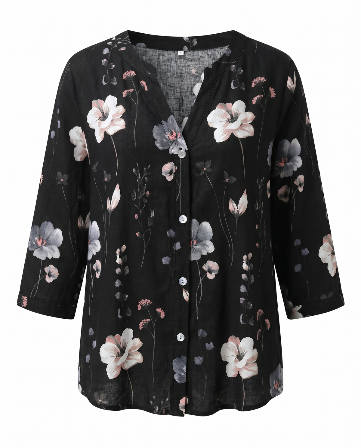 Blusa feminina floral decote V manga três quartos caimento solto