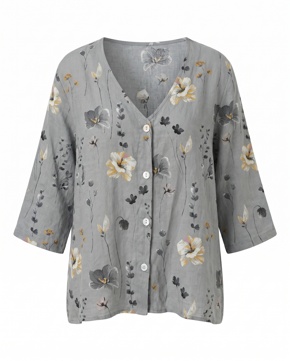 Blusa feminina floral decote V manga três quartos caimento solto