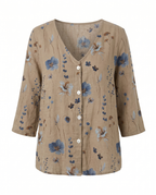 Blusa feminina floral decote V manga três quartos caimento solto