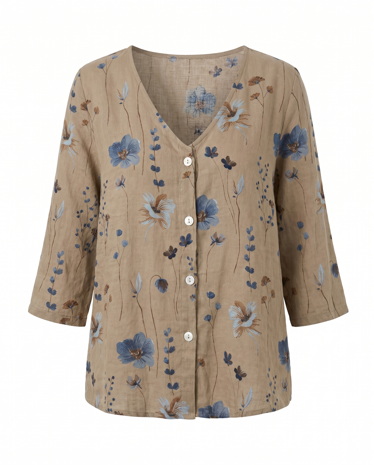 Blusa feminina floral decote V manga três quartos caimento solto
