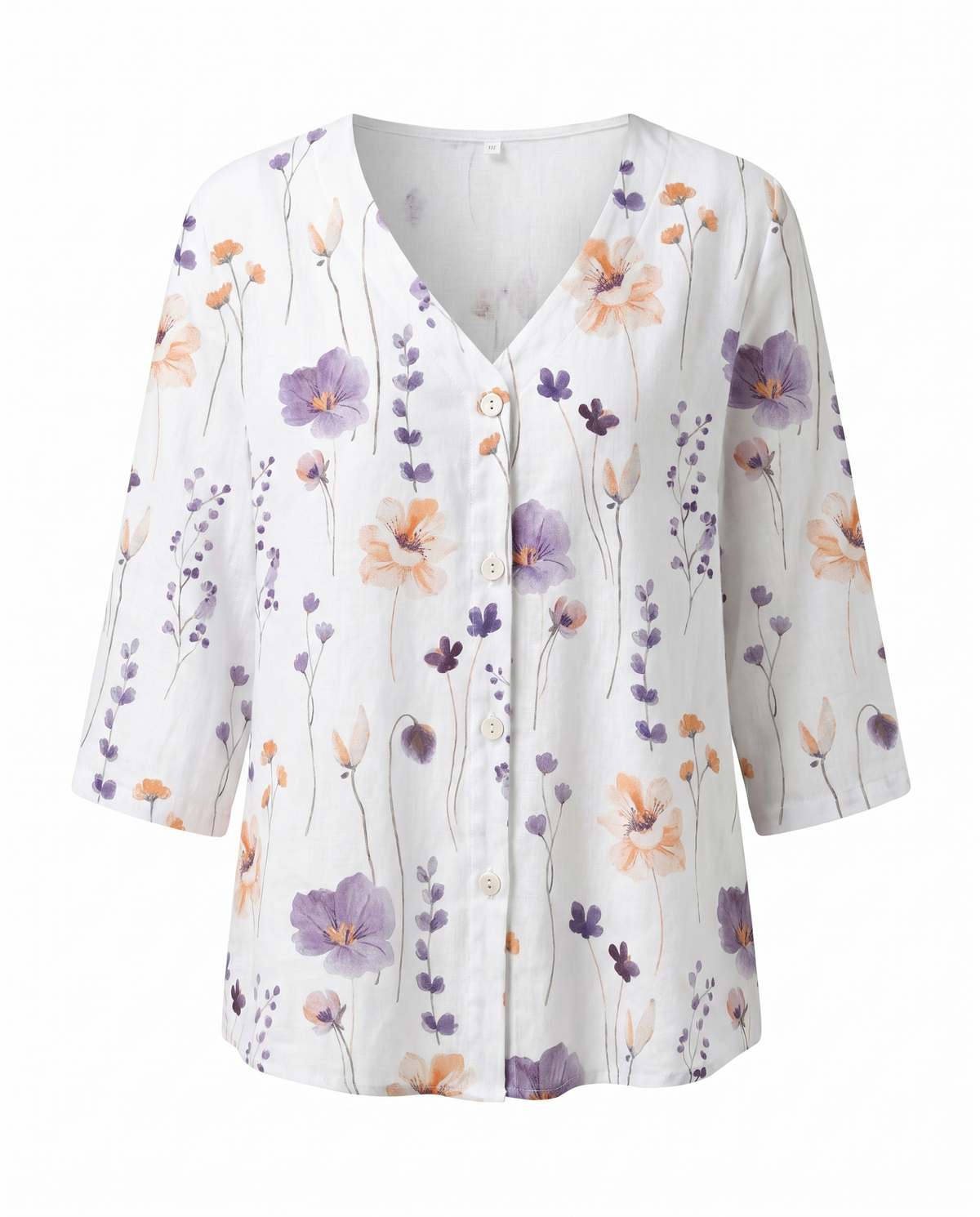 Blusa feminina floral decote V manga três quartos caimento solto