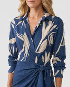 Vestido maxi feminino estampa folhas wrap decote V manga longa