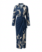 Vestido maxi feminino estampa folhas wrap decote V manga longa