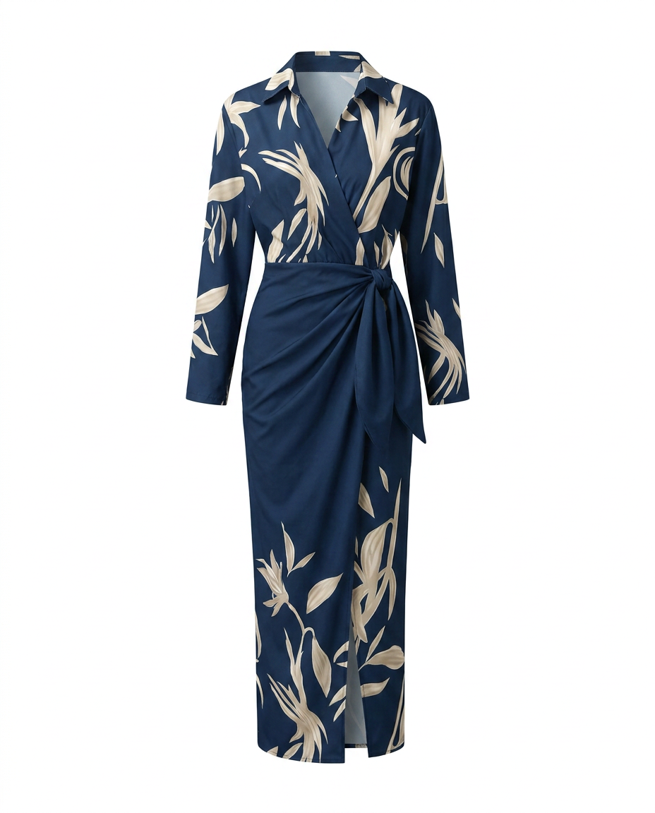 Vestido maxi feminino estampa folhas wrap decote V manga longa