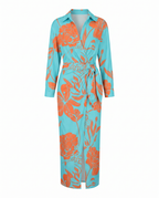 Vestido maxi feminino estampa folhas wrap decote V manga longa