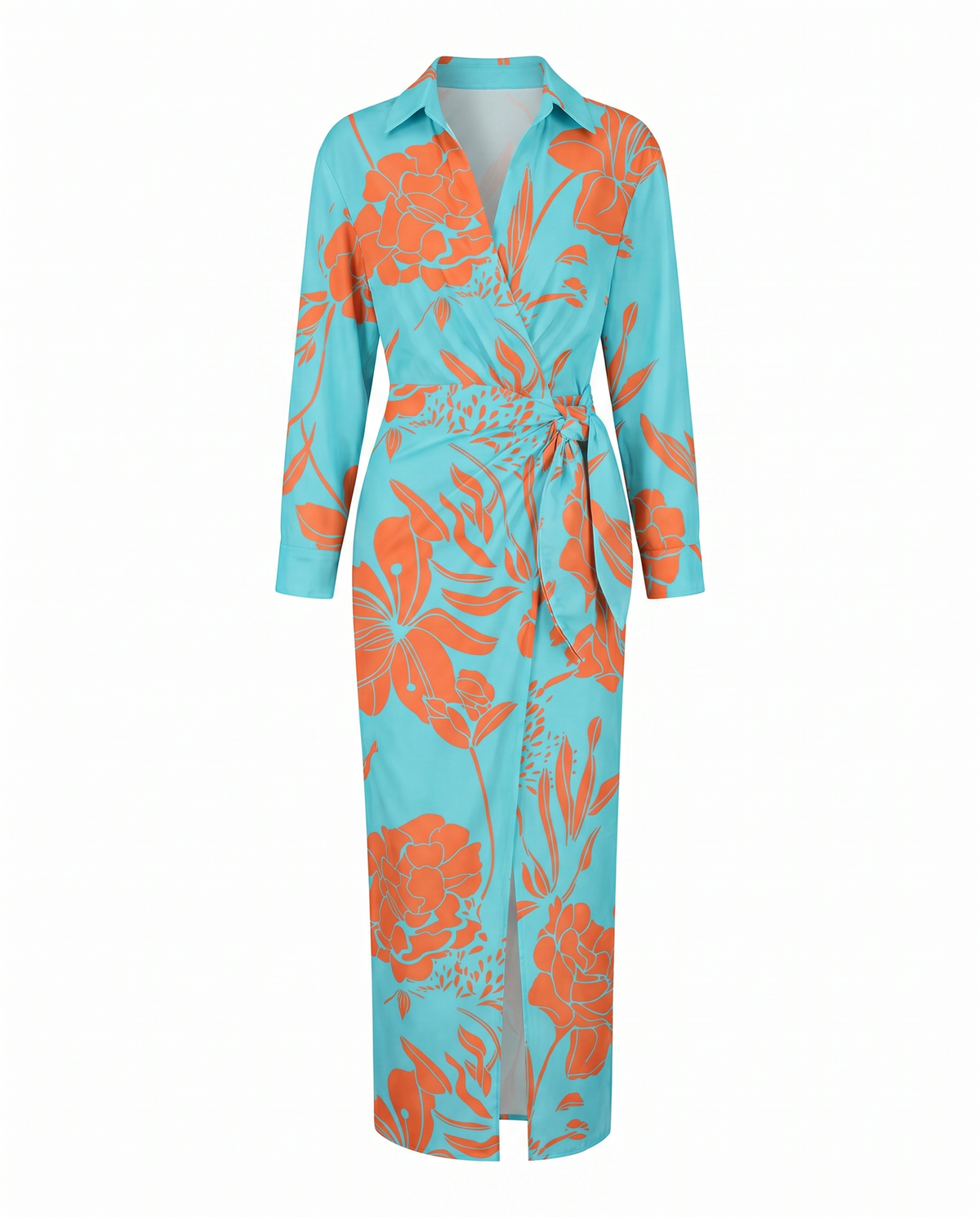 Vestido maxi feminino estampa folhas wrap decote V manga longa