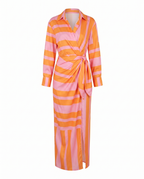 Vestido maxi feminino estampa folhas wrap decote V manga longa