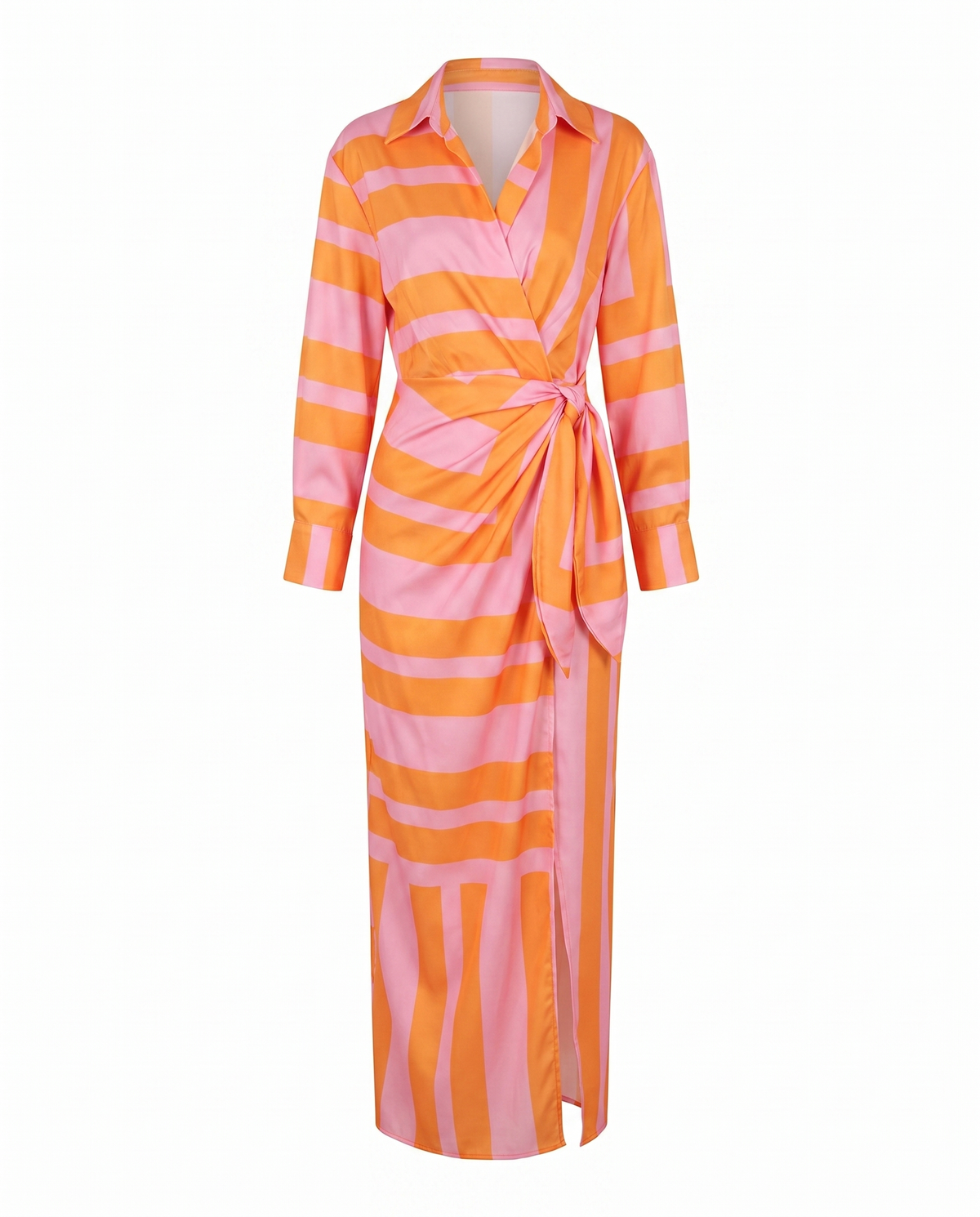 Vestido maxi feminino estampa folhas wrap decote V manga longa