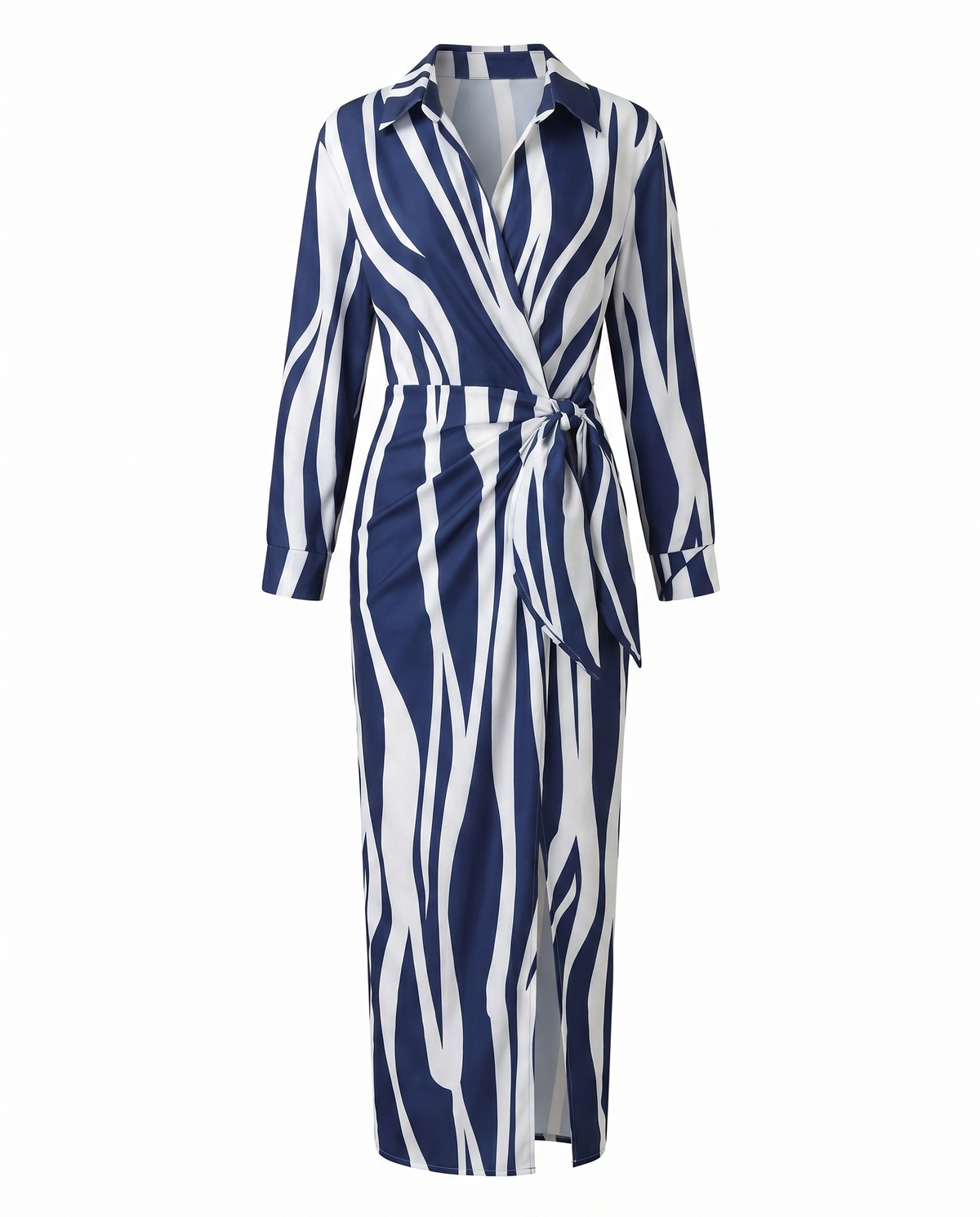 Vestido maxi feminino estampa folhas wrap decote V manga longa