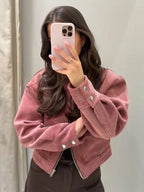 Bomber jacket cropped feminina com fecho zip em rosa