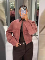 Bomber jacket cropped feminina com fecho zip em rosa