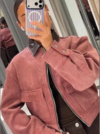 Bomber jacket cropped feminina com fecho zip em rosa