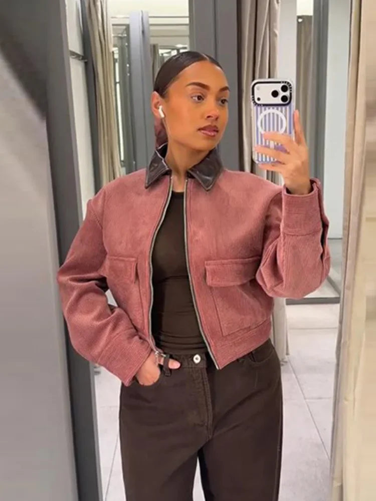 Bomber jacket cropped feminina com fecho zip em rosa
