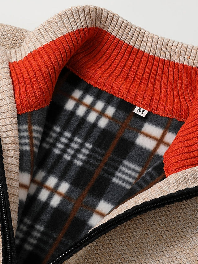 Cardigan homem malha canelada fecho completo gola alta