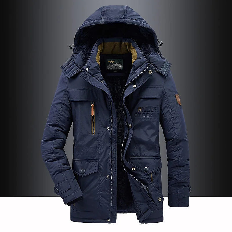 Parka homem comprimento médio com capuz e fecho de correr
