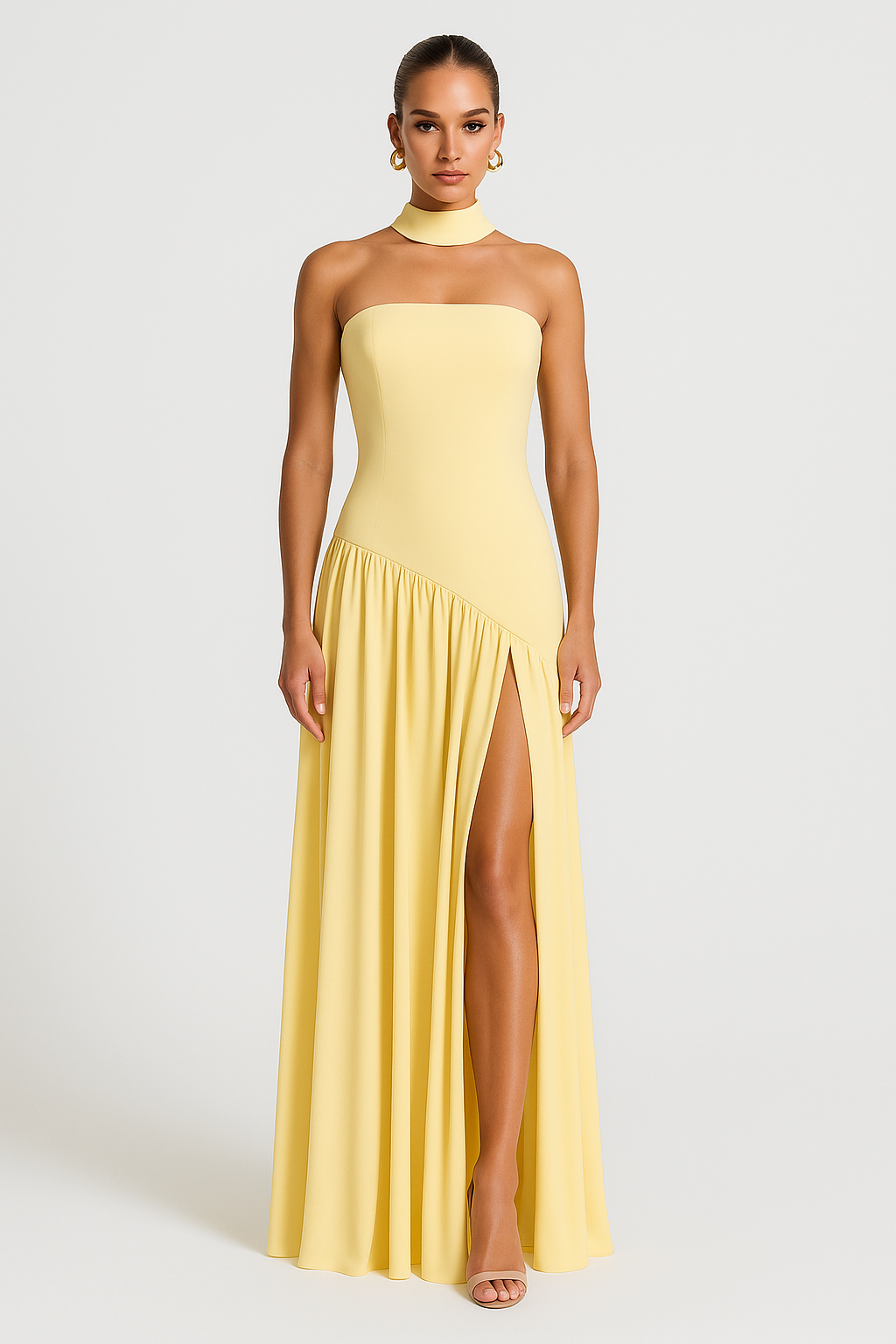 Vestido tomara que caia feminino longo com fenda alta e cintura assimétrica